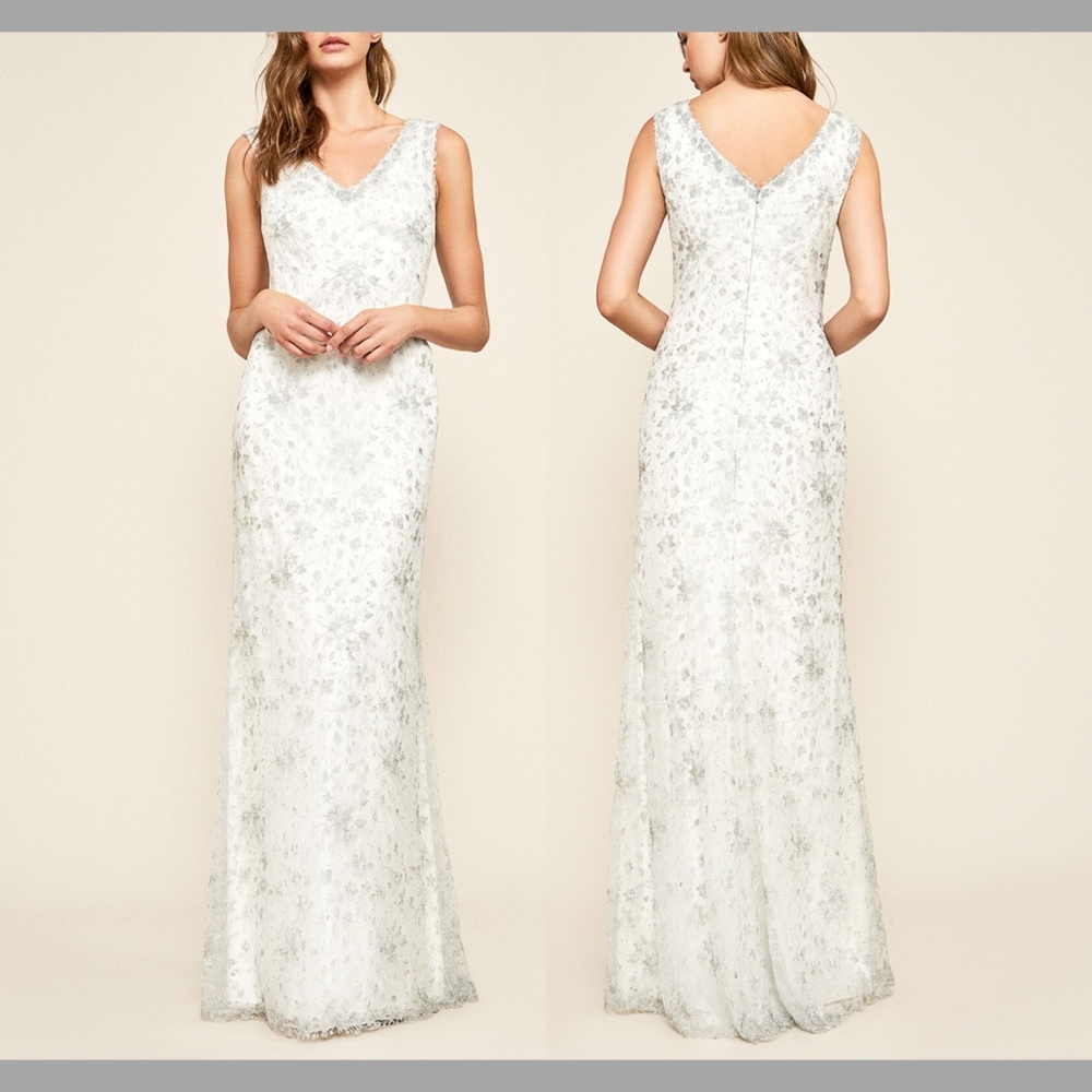 NEW $648 Tadashi Shoji Chiron Metallic‎ Embroidered Lace Gown White [SZ 6 ]